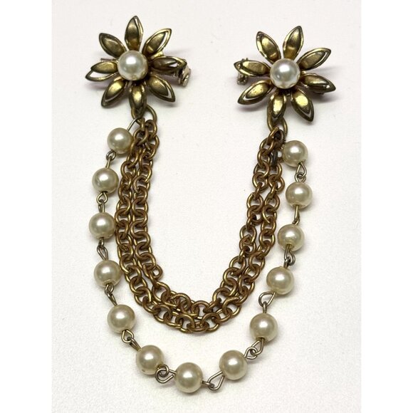 Vintage Jewelry - Vintage pearl double chain flower chatelaine brooch pin